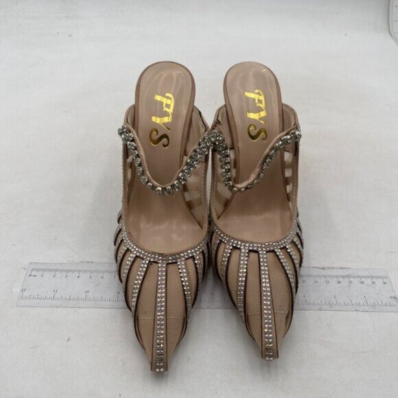 FYS Nude Slip on Pointed Toe Mules Bridal Sandals High Heels Rhinestone Shoes - Picture 3 of 8